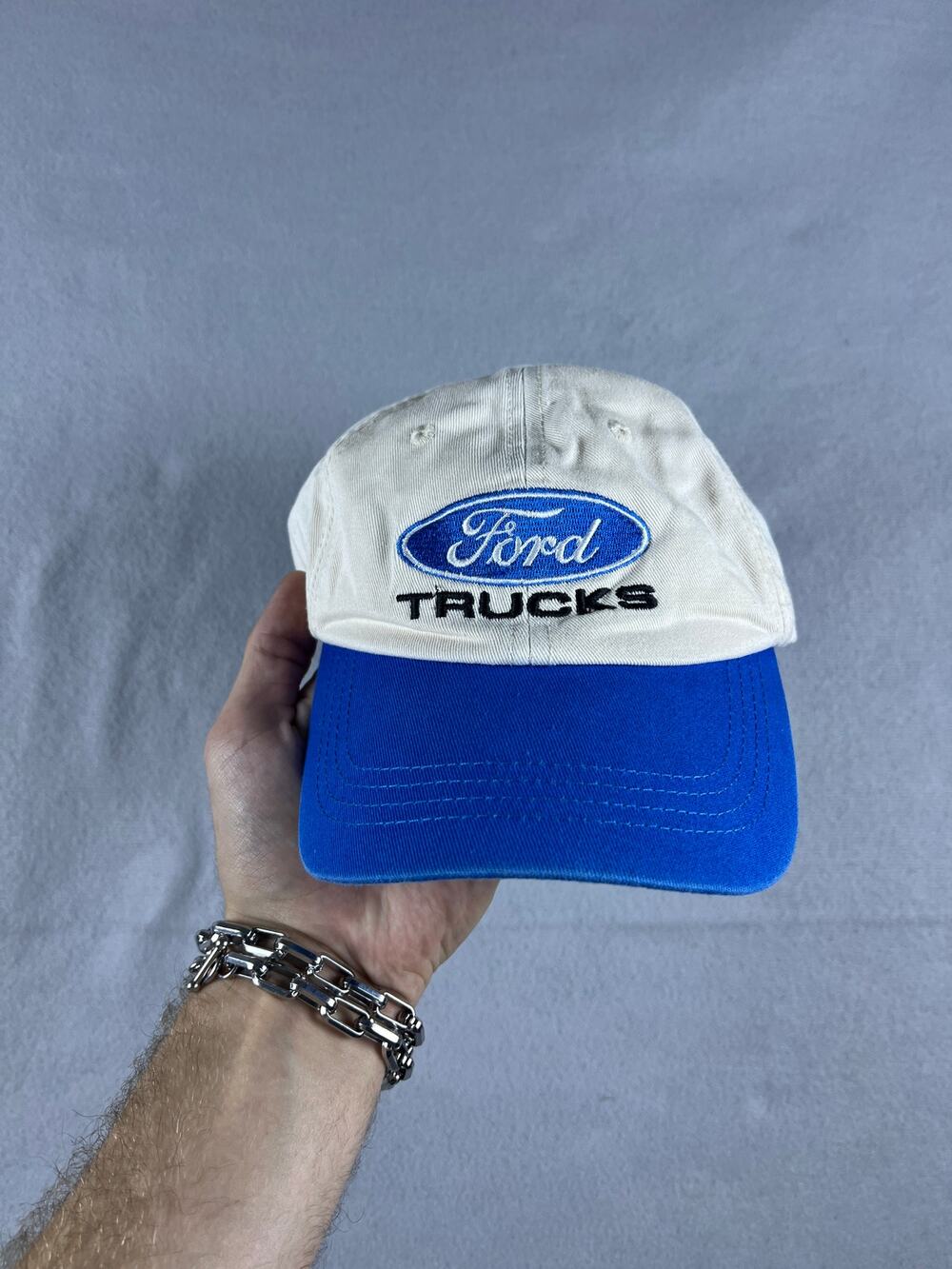 Vintage Ford Trucks Snapback Hat Spellout Embroidered Cream 90s Script